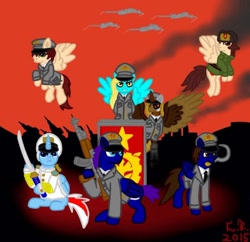 Size: 960x928 | Tagged: safe, artist:imperial_crest, imported from derpibooru, oc, oc:imperial crest, alicorn, pegasus, pony, robot, unicorn, aircraft, ak-47, artificial intelligence, assault rifle, axis, communism, dictator, gun, katana, military, military pony, military uniform, rifle, sickle, sword, weapon