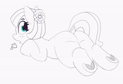 Size: 4096x2803 | Tagged: safe, artist:pabbley, imported from derpibooru, coco pommel, earth pony, pony, butt, dock, female, flower, flower in hair, heart, looking back, lying down, mare, monochrome, neo noir, open mouth, partial color, plot, prone, simple background, solo, underhoof, white background