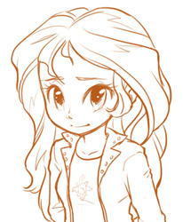 Size: 410x498 | Tagged: safe, artist:curepimmy, artist:pimmy, imported from derpibooru, sunset shimmer, equestria girls, anime, bust, cute, female, looking at you, monochrome, shimmerbetes, simple background, solo, white background