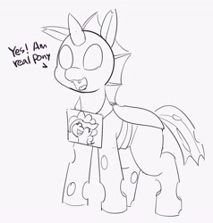 Size: 2657x2793 | Tagged: safe, artist:pabbley, imported from derpibooru, pinkie pie, changeling, earth pony, pony, :3, dialogue, disguise, disguised changeling, eyes closed, fangs, female, lineart, mare, monochrome, open mouth, paper-thin disguise, sign, simple background, smiling, solo, white background