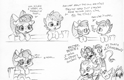 Size: 2456x1584 | Tagged: safe, artist:dilarus, deleted from derpibooru, imported from derpibooru, part of a set, apple bloom, bessie, scootaloo, bird, chicken, cow, earth pony, pegasus, pony, ..., apple bloom's bow, bow, comic, dialogue, freckles, hair bow, implied applejack, monochrome, simple background, traditional art, white background