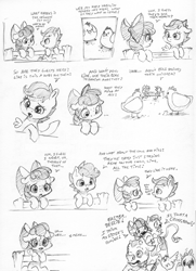 Size: 2466x3400 | Tagged: safe, artist:dilarus, deleted from derpibooru, imported from derpibooru, apple bloom, bessie, scootaloo, bird, chicken, cow, earth pony, pegasus, pony, ..., apple bloom's bow, bow, comic, dialogue, female, filly, freckles, hair bow, implied applejack, monochrome, simple background, traditional art, white background