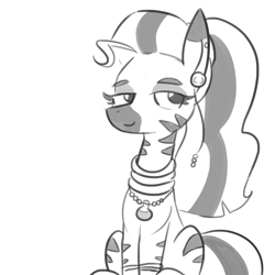 Size: 1080x1080 | Tagged: safe, artist:tjpones, imported from derpibooru, oc, oc only, oc:matriarch zeg'us, pony, zebra, female, grayscale, looking away, mare, monochrome, simple background, sitting, solo, white background, zebra oc