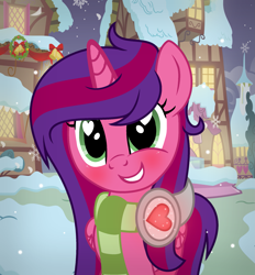 Size: 1909x2061 | Tagged: safe, artist:darbypop1, imported from derpibooru, oc, oc only, oc:alyssa rice, alicorn, pony, bell, christmas wreath, clothes, female, headphones, heart eyes, mare, scarf, snow, snowfall, solo, wingding eyes, wreath