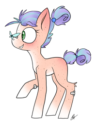 Size: 2000x2500 | Tagged: safe, artist:katyusha, imported from derpibooru, oc, oc only, oc:maybree, butterfly, earth pony, pony, bandaids, cute, female, filly, freckles, green eyes, hair bun, multicolored hair, purple hair, simple background, solo, tail bun, tomboy, white hooves