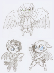 Size: 1079x1470 | Tagged: safe, artist:ravenpuff, imported from derpibooru, oc, oc:puffy, oc:rowena, anthro, bat pony, pegasus, unguligrade anthro, armor, chibi, female, mare, traditional art