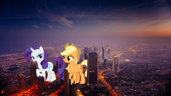 Size: 2488x1400 | Tagged: safe, artist:andoanimalia, artist:cloudy glow, artist:cloudyglow, artist:thegiantponyfan, imported from derpibooru, applejack, rarity, earth pony, pony, unicorn, dubai, female, giant pony, giantess, highrise ponies, irl, macro, photo, ponies in real life