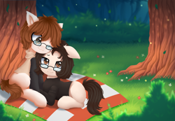 Size: 3024x2088 | Tagged: safe, artist:alexander56910, imported from derpibooru, oc, oc only, pony, clothes, cuddling, cute, duo, female, flower, forest, glasses, hoodie, leaves, lesbian, picnic, picnic blanket, tree