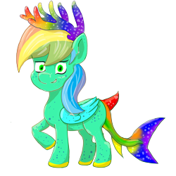 Size: 3200x3200 | Tagged: safe, artist:ciaran, derpibooru exclusive, imported from derpibooru, oc, oc only, original species, pony, shark, shark pony, antlers, multicolored hair, rainbow antlers, rainbow hair, rainbow tail, simple background, transparent background, wings