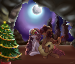 Size: 3500x3000 | Tagged: safe, artist:shamy-crist, imported from derpibooru, oc, oc only, pony, acoustic guitar, christmas, christmas tree, female, hat, holiday, male, mare, moon, musical instrument, night, stallion, tree