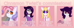 Size: 1280x481 | Tagged: safe, artist:xcinnamon-twistx, imported from derpibooru, oc, oc:candy lace, oc:cinnamon twist, oc:deadie, alicorn, bat pony, bat pony alicorn, pegasus, advertisement, art, artist, bell, bell collar, cat bell, chibi, clothes, collar, commission, commission info, eyes closed, heart eyes, hoodie, horn, leash, looking at you, one-piece swimsuit, pet tag, price list, prices, swimsuit, wingding eyes