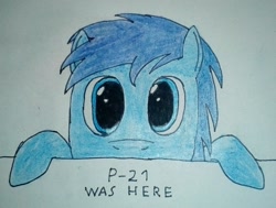 Size: 1736x1310 | Tagged: safe, artist:überreaktor, imported from derpibooru, oc, oc only, oc:p-21, pony, fallout equestria, fallout equestria: project horizons, fanfic art, hooves, kilroy, kilroy was here, solo, traditional art