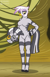 Size: 588x911 | Tagged: safe, artist:foxbeast, imported from derpibooru, gilda, zecora, anthro, griffon, unguligrade anthro, zebra, arm hooves, barbie doll anatomy, bodysuit, breasts, character to character, clothes, cosplay, costume, disguise, featureless breasts, female, mask, masking, ponysuit, solo, wat, zebra suit