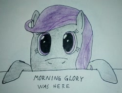 Size: 1856x1408 | Tagged: safe, artist:überreaktor, imported from derpibooru, oc, oc only, oc:morning glory (project horizons), pony, hooves, kilroy, kilroy was here, solo, text, traditional art