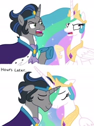 Size: 2048x2732 | Tagged: safe, artist:justsomepainter11, idw, imported from derpibooru, king sombra, princess celestia, alicorn, pony, unicorn, reflections, spoiler:comic, angry, argument, celestia is not amused, celestibra, cute, description is relevant, female, good king sombra, king sombra is not amused, making up, male, mare, nuzzling, shipping, show accurate, simple background, stallion, story included, straight, unamused, white background