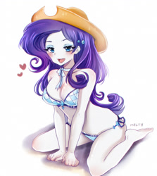 Size: 1162x1300 | Tagged: safe, artist:melfy, imported from derpibooru, rarity, equestria girls, accessory swap, adorasexy, anime, applejack's hat, barefoot, bikini, blushing, breasts, clothes, cowboy hat, cute, cute little fangs, fangs, feet, female, hat, implied lesbian, implied rarijack, implied shipping, raribetes, sexy, solo, swimsuit, ych result