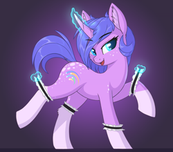 Size: 1250x1100 | Tagged: safe, artist:shydale, imported from derpibooru, oc, oc only, oc:startrail, pony, unicorn, abstract background, coat markings, dappled, dock, ear fluff, female, freckles, frilly, garter, garter belt, garters, gradient background, magic, mare, raised leg, socks (coat marking), socks (coat markings), solo, spots, tail, telekinesis