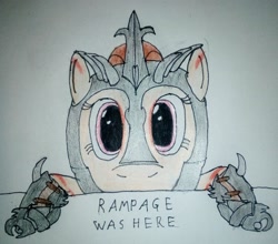 Size: 2211x1942 | Tagged: safe, artist:überreaktor, imported from derpibooru, oc, oc only, oc:rampage, pony, fallout equestria, fallout equestria: project horizons, fanfic art, hooves, kilroy, kilroy was here, solo, text, traditional art