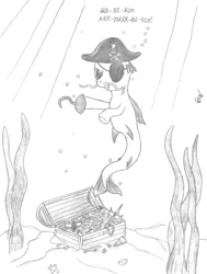 Size: 555x735 | Tagged: safe, artist:quint-t-w, imported from derpibooru, merpony, pony, bubble, eyepatch, hat, hook, ocean, old art, pencil drawing, pirate, pirate hat, seaweed, singing, skull and crossbones, solo, traditional art, treasure, treasure chest, underwater