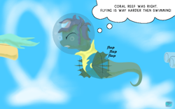 Size: 600x372 | Tagged: safe, artist:quint-t-w, imported from derpibooru, pony, sea pony, bubble, bubble helmet, cartoon physics, clothes, cloud, eyes closed, flying, offscreen character, old art, straining, thought bubble, uniform, water, wonderbolt trainee uniform