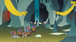 Size: 2880x1619 | Tagged: safe, imported from derpibooru, screencap, fido, rarity, rover, spot, diamond dog, pony, unicorn, a dog and pony show, bow, cart, cave, diamond dog guard, female, gem, male, mare, pulling, ribbon, underground