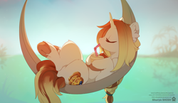 Size: 1900x1100 | Tagged: safe, artist:apple_nettle, artist:shuryashish, imported from derpibooru, oc, oc only, pony, unicorn, drink, drinking, drinking straw, eyes closed, female, hammock, mare, solo