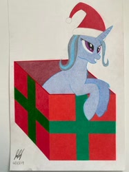 Size: 400x534 | Tagged: safe, artist:schufflez4380, imported from derpibooru, trixie, christmas, christmas gift, hat, holiday, present, santa hat