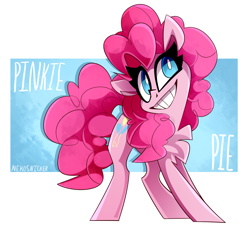 Size: 1768x1615 | Tagged: safe, artist:nekosnicker, imported from derpibooru, pinkie pie, earth pony, pony, abstract background, chest fluff, female, simple background, smiling, solo, text