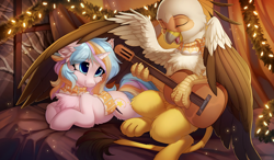 Size: 1280x746 | Tagged: safe, artist:hioshiru, imported from derpibooru, oc, oc only, oc:oofy colorful, oc:vistamage, griffon, pony, unicorn, cheek fluff, chest fluff, christmas, clothes, cottagecore, cute, ear fluff, female, griffon oc, guitar, holiday, leg fluff, male, musical instrument, oc x oc, oofymage, prone, scarf, shipping, sitting, straight