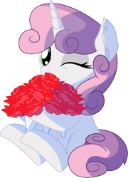 Size: 5565x7749 | Tagged: safe, artist:cyanlightning, imported from derpibooru, sweetie belle, pony, unicorn, .svg available, absurd resolution, bouquet, cute, cutie mark, diasweetes, ear fluff, female, filly, flower, one eye closed, rose, simple background, sitting, smiling, solo, tail stand, transparent background, vector