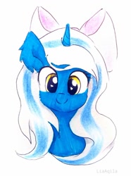 Size: 772x1035 | Tagged: safe, artist:liaaqila, imported from derpibooru, oc, oc:fleurbelle, alicorn, adorabelle, adorable face, alicorn oc, bow, cute, female, hair bow, horn, mare, smiling, sweet, traditional art, yellow eyes