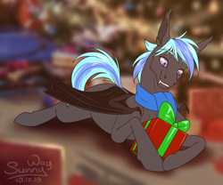 Size: 1200x1000 | Tagged: safe, artist:sunny way, imported from derpibooru, oc, oc:cg, bat pony, pony, bat pony oc, bat wings, christmas, christmas tree, fangs, festral, happy, holiday, male, new year, present, solo, stallion, sternocleidomastoid, tree, wings