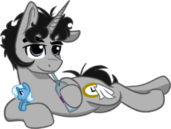 Size: 1200x907 | Tagged: safe, artist:binkyt11, derpibooru exclusive, imported from derpibooru, trixie, oc, oc:ragtime melody, pony, unicorn, 2020 community collab, derpibooru community collaboration, alcohol, male, plushie, prone, simple background, solo, stallion, thick eyebrows, transparent background