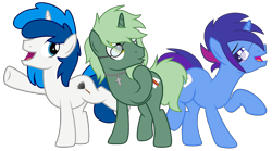 Size: 2292x1278 | Tagged: safe, artist:celestial-rue0w0, artist:rukemon, imported from derpibooru, oc, oc only, oc:feathertrap, oc:marquis majordome, oc:soft mane, pony, unicorn, 2020 community collab, derpibooru community collaboration, base used, commission, cross, glasses, jewelry, male, multicolored hair, necklace, open mouth, raised hoof, raised leg, simple background, stallion, transparent background