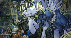 Size: 700x378 | Tagged: safe, artist:saturnspace, imported from derpibooru, derpy hooves, doctor whooves, time turner, pony, chandelier, clothes, cute, derpabetes, dress, giant derpy hooves, giant pony, goggles, macro