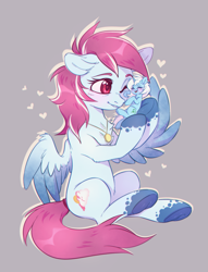 Size: 2289x3000 | Tagged: safe, artist:lightning-stars, artist:ls_skylight, imported from derpibooru, oc, oc only, oc:eula phi, oc:evening skies, pegasus, pony, unicorn, eyes closed, female, heart, hoof hold, macro, mare, micro, one eye closed, size difference, solo