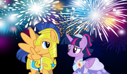 Size: 2064x1204 | Tagged: safe, imported from derpibooru, flash sentry, twilight sparkle, alicorn, the last problem, armor, clothes, coronation dress, dress, female, fireworks, flashlight, friends, friendship, happy new year, happy new year 2020, holiday, looking at each other, male, night, royal guard, royal guard armor, second coronation dress, shipping, smiling, straight, twilight sparkle (alicorn)