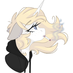 Size: 2048x2048 | Tagged: safe, artist:cinnamontee, imported from derpibooru, oc, oc:tegan, pony, unicorn, bust, cigarette, clothes, ear piercing, earring, female, floppy ears, hoodie, jewelry, mare, piercing, portrait, simple background, smoking, solo, transparent background