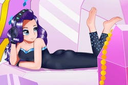 Size: 1280x848 | Tagged: safe, alternate version, artist:focusb, edit, editor:thomasfan45, imported from derpibooru, rarity, human, equestria girls, equestria girls series, the other side, ass, barefoot, breasts, butt, cleavage, clothes, fabulous, feet, female, gloves, headphones, human coloration, laying on stomach, prone, rearity, scene interpretation, sexy, solo, strapless, stupid sexy rarity, unitard