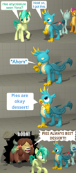 Size: 373x851 | Tagged: safe, artist:red4567, edit, editor:silverstreamfan999, imported from derpibooru, gallus, ocellus, sandbar, smolder, yona, changedling, changeling, griffon, pony, yak, 3d, ahem, comic, eyes closed, female, frown, gritted teeth, hole in the wall, lidded eyes, male, meme, open mouth, smashing, smiling, smirk, source filmmaker, speech bubble, surprised, teenager, unamused, wall breaking, wide eyes, yak smash, yelling