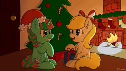 Size: 1024x576 | Tagged: safe, artist:exobass, imported from derpibooru, oc, oc only, oc:muse script, oc:peacock studios, earth pony, pony, unicorn, chimney, christmas, christmas tree, fireplace, hat, holiday, present, santa hat, secret santa, tree