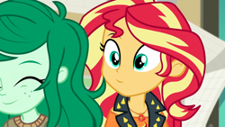 Size: 800x450 | Tagged: safe, edit, edited screencap, imported from derpibooru, screencap, sunset shimmer, wallflower blush, equestria girls, equestria girls series, forgotten friendship, adorkable, cute, dork, duo, duo female, female, flowerbetes, geode of empathy, magical geodes, shimmerbetes, smiling, stare