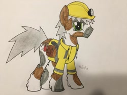 Size: 696x522 | Tagged: safe, artist:carty, imported from derpibooru, oc, oc only, oc:carty, earth pony, pony, derpibooru community collaboration, 2022 community collab, clothes, helmet, jacket, solo, tools, traditional art, unshorn fetlocks