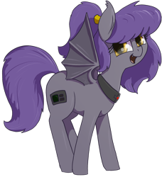 Size: 1236x1356 | Tagged: safe, artist:t72b, derpibooru exclusive, imported from derpibooru, oc, oc only, oc:sydney, bat pony, pony, 2020 community collab, derpibooru community collaboration, collar, fangs, female, happy, mare, ponytail, slit eyes, slit pupils, smiling, solo, transparent background