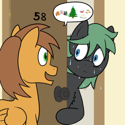 Size: 1000x1000 | Tagged: safe, artist:scraggleman, imported from derpibooru, oc, oc only, oc:cipher, earth pony, pegasus, pony, chest fluff, christmas, christmas tree, door, food, holiday, nervous, speech bubble, story included, sweat, tree