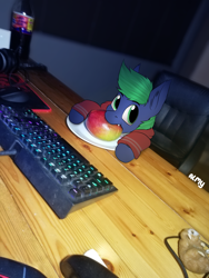 Size: 3456x4608 | Tagged: safe, artist:almond evergrow, imported from derpibooru, oc, oc:fruitcup, bat pony, pony, big eyes, cartoon, computer, desk, food, irl, keyboard, mango, nom, photo, photoshop, plate