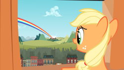 Size: 2880x1620 | Tagged: safe, imported from derpibooru, screencap, applejack, earth pony, pony, the cutie mark chronicles, building, cloud, female, filly, filly applejack, foal, hill, manehattan, open mouth, ponyville, rainbow, solo, younger