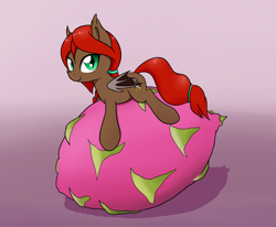 Size: 2677x2205 | Tagged: safe, artist:whiskeypanda, derpibooru exclusive, imported from derpibooru, oc, oc:adera, bat pony, pony, bat pony oc, dragon fruit, fangs, female, fruit, mare, pitaya, simple background, straddling