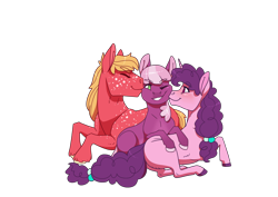 Size: 3508x2480 | Tagged: safe, artist:jackiebloom, imported from derpibooru, big macintosh, cheerilee, sugar belle, earth pony, pony, unicorn, big macintosh gets all the mares, bisexual, bisexual female, cheek kiss, cheerimac, eyes closed, female, freckles, grin, kiss on the cheek, kiss sandwich, kissing, lesbian, lesbian in front of boys, lying down, male, mare, missing cutie mark, one eye closed, polyamory, polygamy, prone, shipping, simple background, smiling, stallion, straight, sugarlee, sugarmac, sugarmaclee, transparent background, unshorn fetlocks, wink