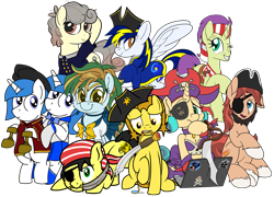 Size: 3159x2276 | Tagged: safe, artist:devfield, artist:litrojia, artist:notadeliciouspotato, artist:osha, artist:pirill, artist:toyminator900, derpibooru exclusive, imported from derpibooru, oc, oc only, oc:atlas, oc:clear sky, oc:cottonwood kindle, oc:fidget, oc:golden star, oc:hope spot, oc:huracata, oc:osha, oc:sky spark, oc:uppercute, earth pony, pegasus, pony, unicorn, 2020 community collab, derpibooru community collaboration, amputee, bipedal, bow, clothes, collaboration, computer, cosplay, costume, cutie mark, ear piercing, earring, eyepatch, female, hat, headband, jewelry, laptop computer, lazytown, looking at you, male, mare, mouth hold, necklace, open mouth, piercing, pirate, pirate hat, pleated skirt, pocket watch, prosthetic limb, prosthetics, raised leg, risky boots, robbie rotten, sailor, sailor mercury, sailor uranus, scimitar, shantae, simple background, sitting, skirt, skull, skull and crossbones, spread wings, stallion, sword, the pirate bay, transparent background, uniform, unshorn fetlocks, weapon, wings